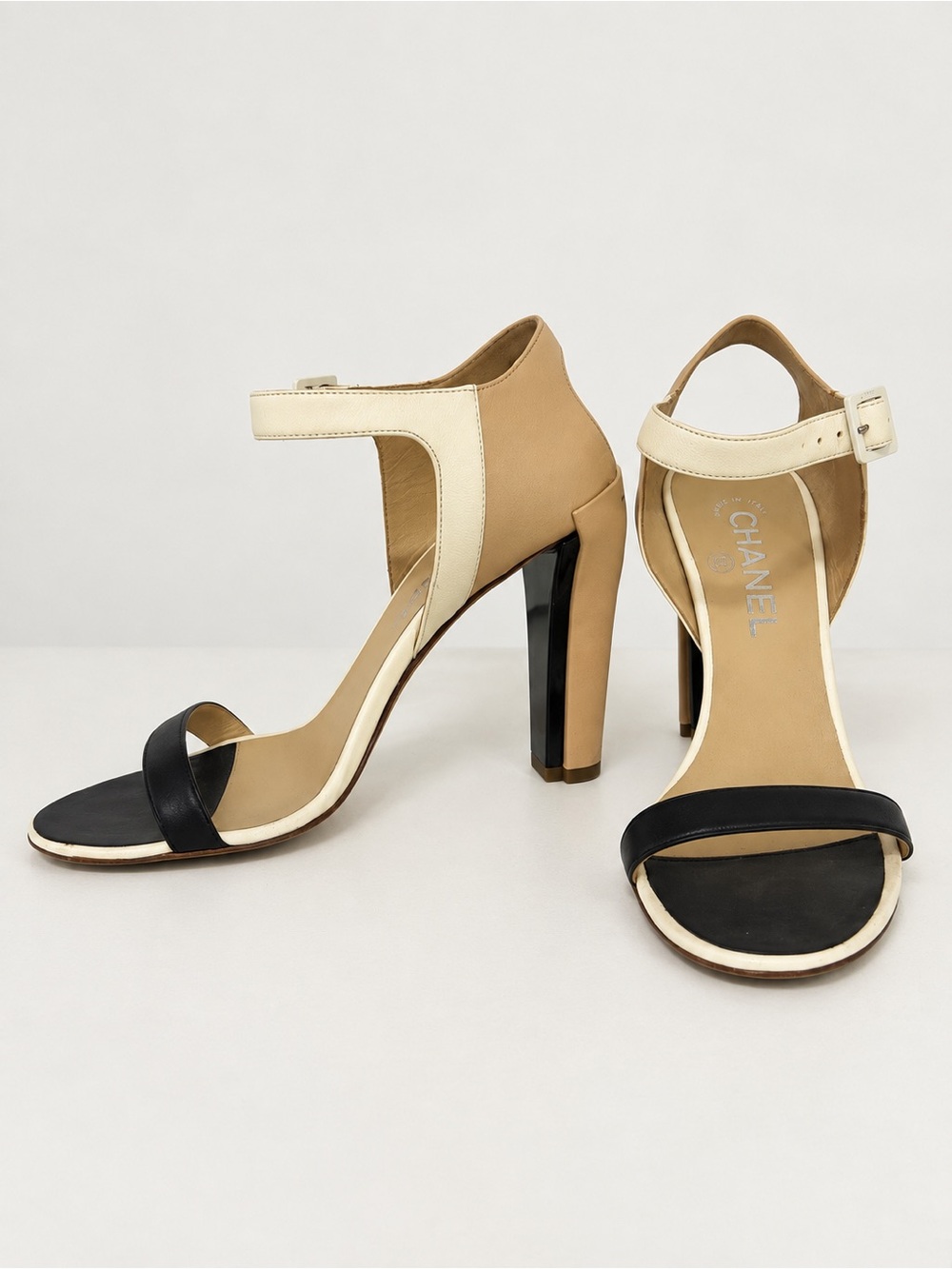 CHANEL Black and Cream Ankle-Strap Block Heel Sandals